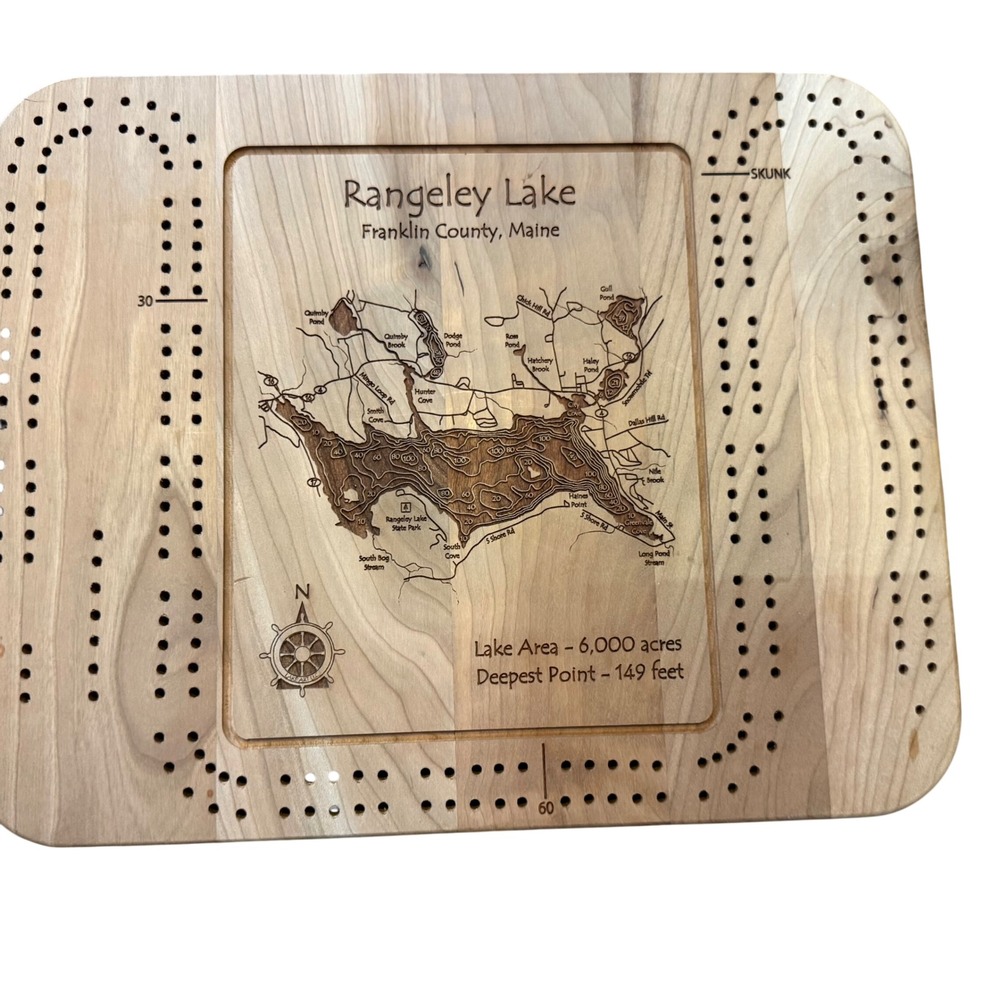 Rangeley Lake Maine Cribbage Board Engraved Hardwood Lake Map Cabin Decor USA